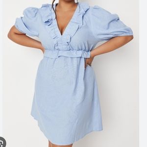 Missguided Poplin Frill Waist Skater Dress SS Linen Look Blue V-neck Puff Sleeve